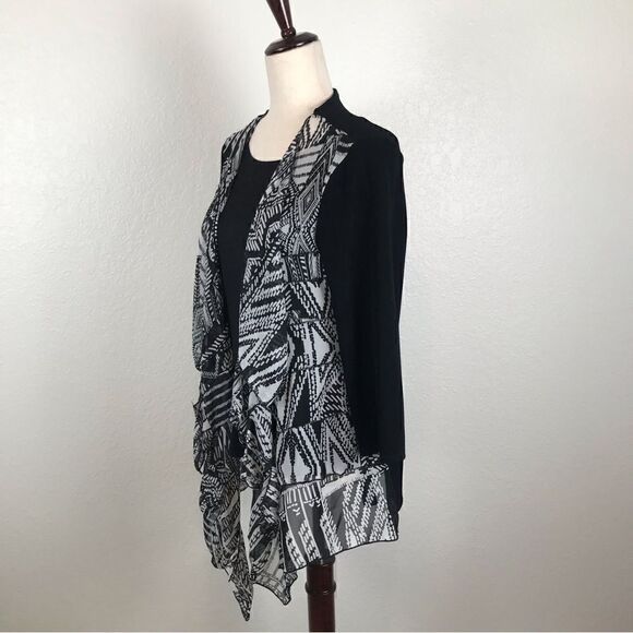 Chicos Travelers 3/4 sleeve open waterfall black & white cardigan M/8 - Picture 3 of 8